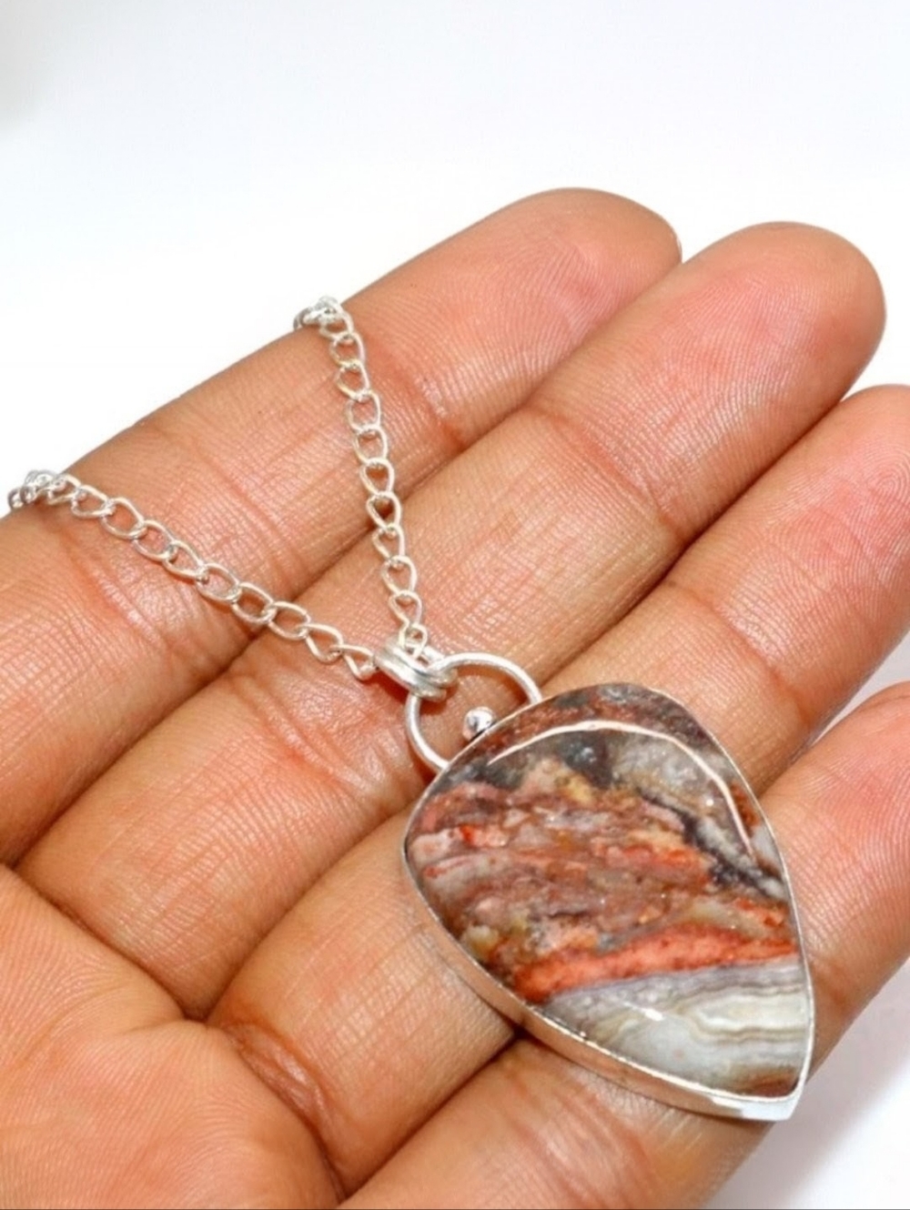 Mexican Laguna Lace Agate Gemstone 925 Sterling Silver Handmade Necklace